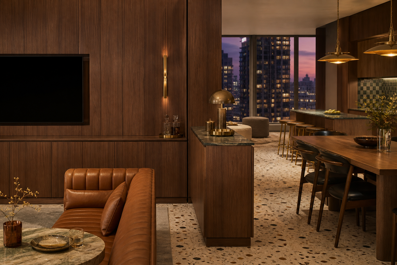 Fadior Patina Living Room Suite with Countertop Utility Media Pier — interior room context showing cabinet integration