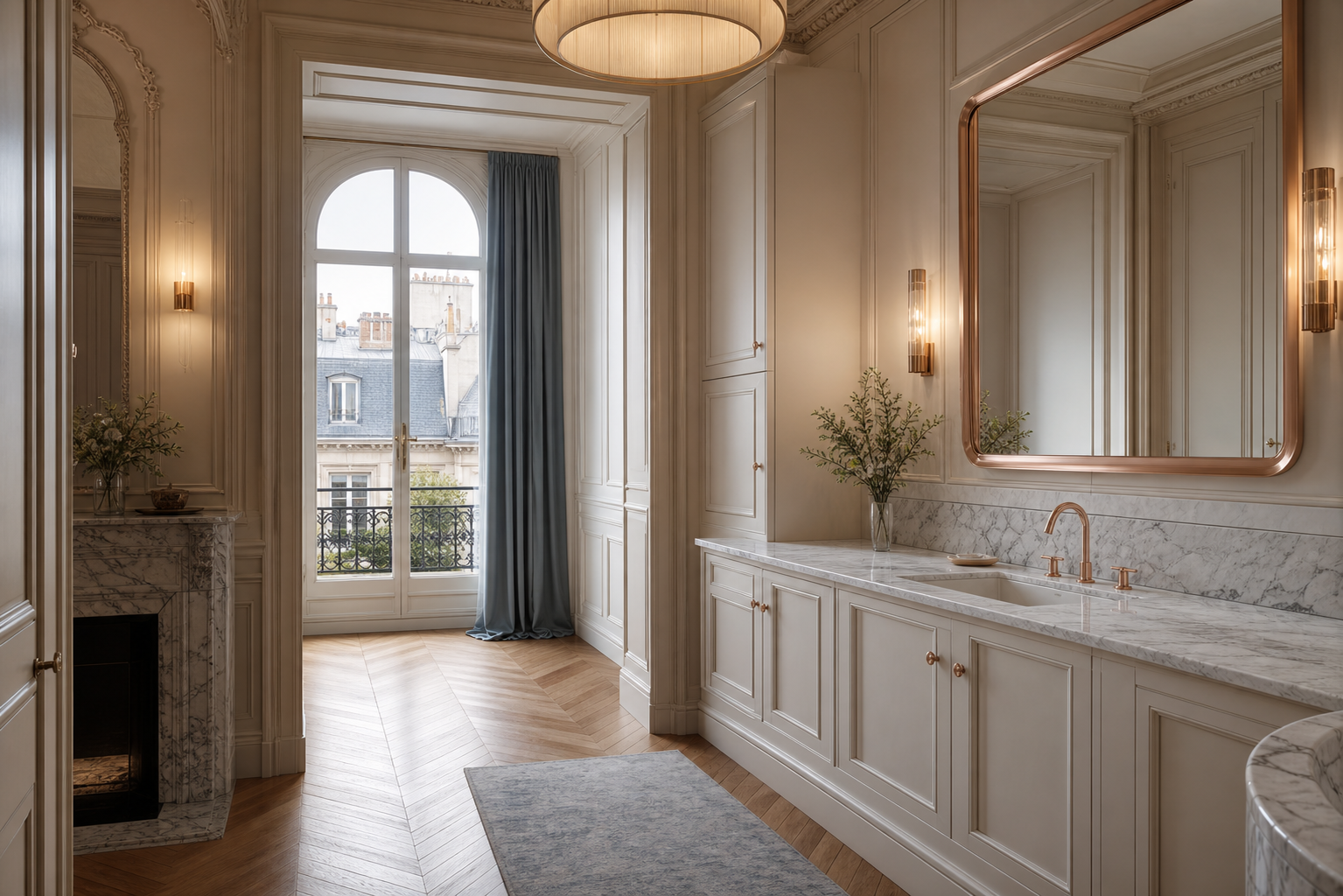 Fadior Alcove Bath and Vanity Suite with Honed Stone Wash Niche — interior room context showing cabinet integration