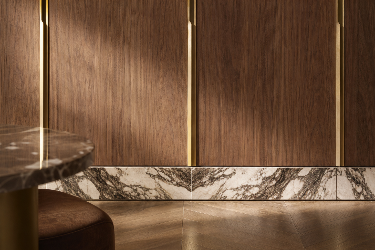 Fadior Voyage Wardrobe Suite with Resort Linen Arrival Wall — close-up of stainless steel finish and hardware detail