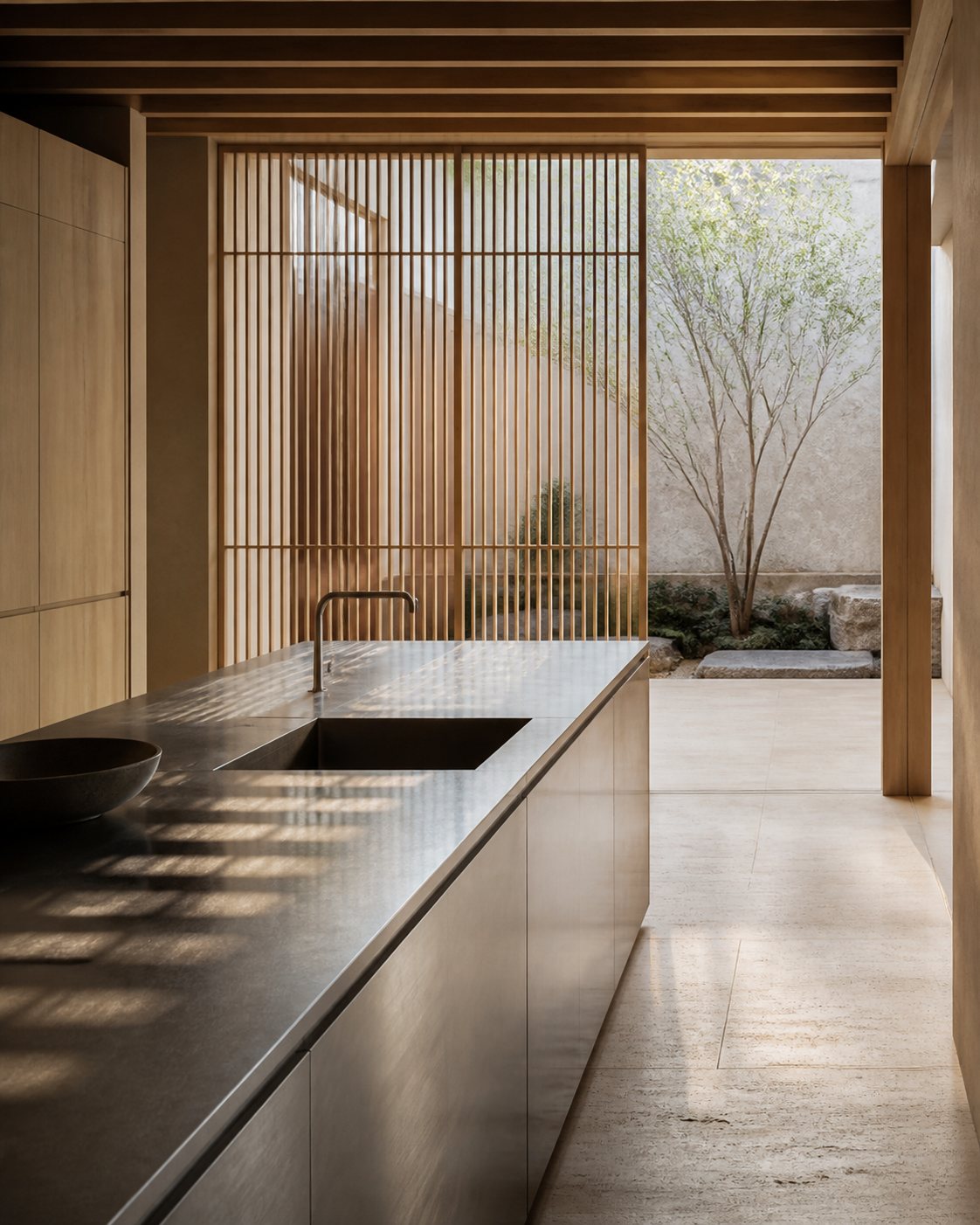 Fadior Tokyo 120 sqm Kitchen Penthouse — brushed steel island, cypress lattice, travertine floor, courtyard tree — 304 stainless steel cabinetry installation by Fadior