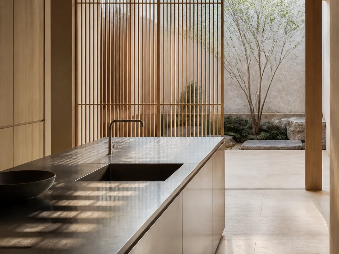 Fadior Tokyo 120 sqm Kitchen Penthouse — brushed steel island, cypress lattice, travertine floor, courtyard tree