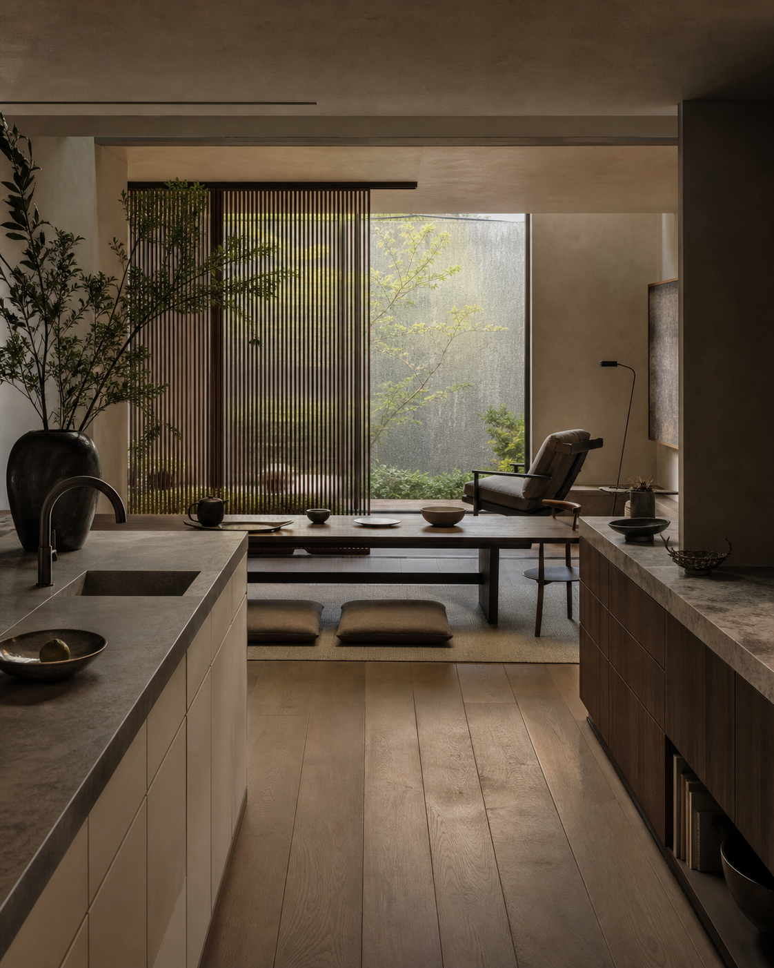 Fadior Tokyo 85 sqm Kitchen Apartment — shared dining table, low storage wall, courtyard window, kitchen island
