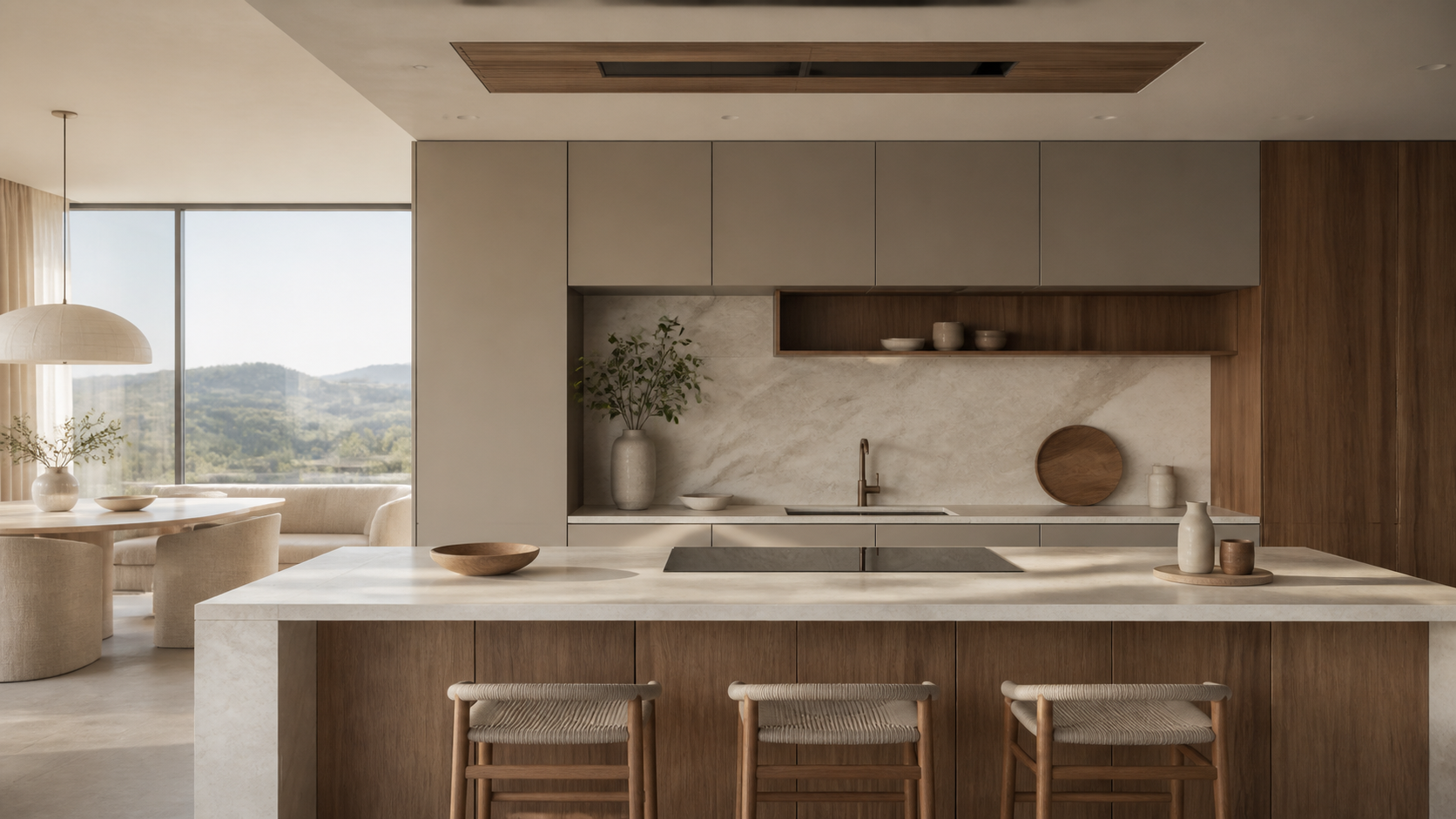 Wide villa kitchen composition showing a calm, integrated cooking and ventilation decision