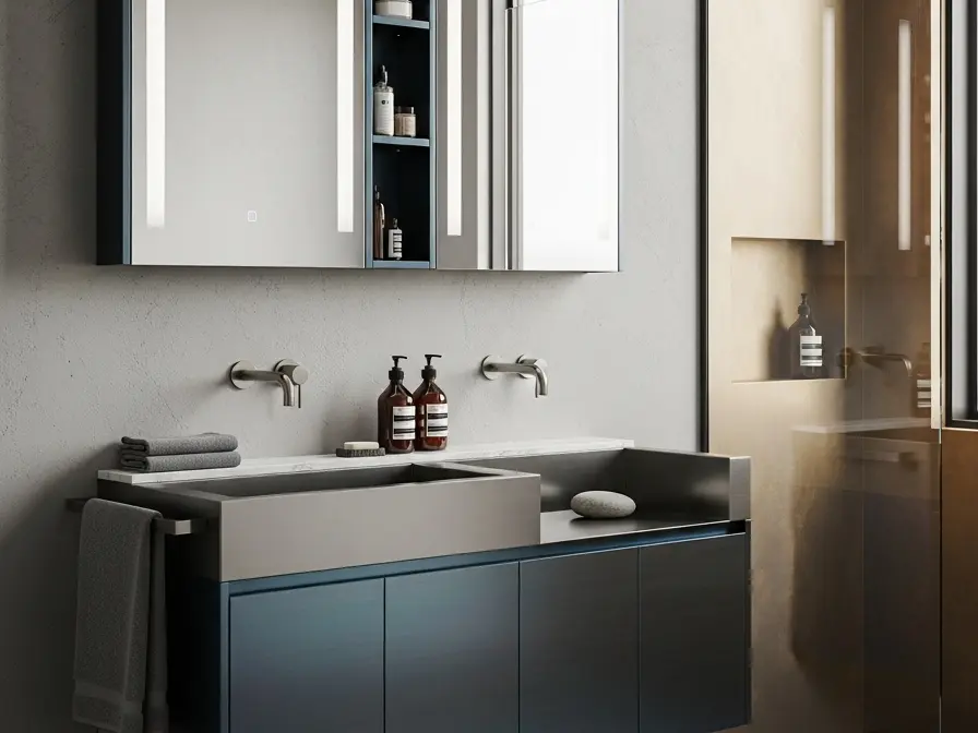 Fadior Acqua Bath and Vanity Suite - waterproof 304 stainless steel bath vanity with mirror storage, moisture-resistant finishes, and grooming storage