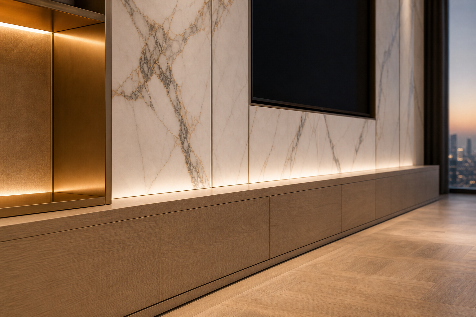 Fadior Zenith Living Room Suite with Oak Datum Listening Niche — close-up of stainless steel finish and hardware detail