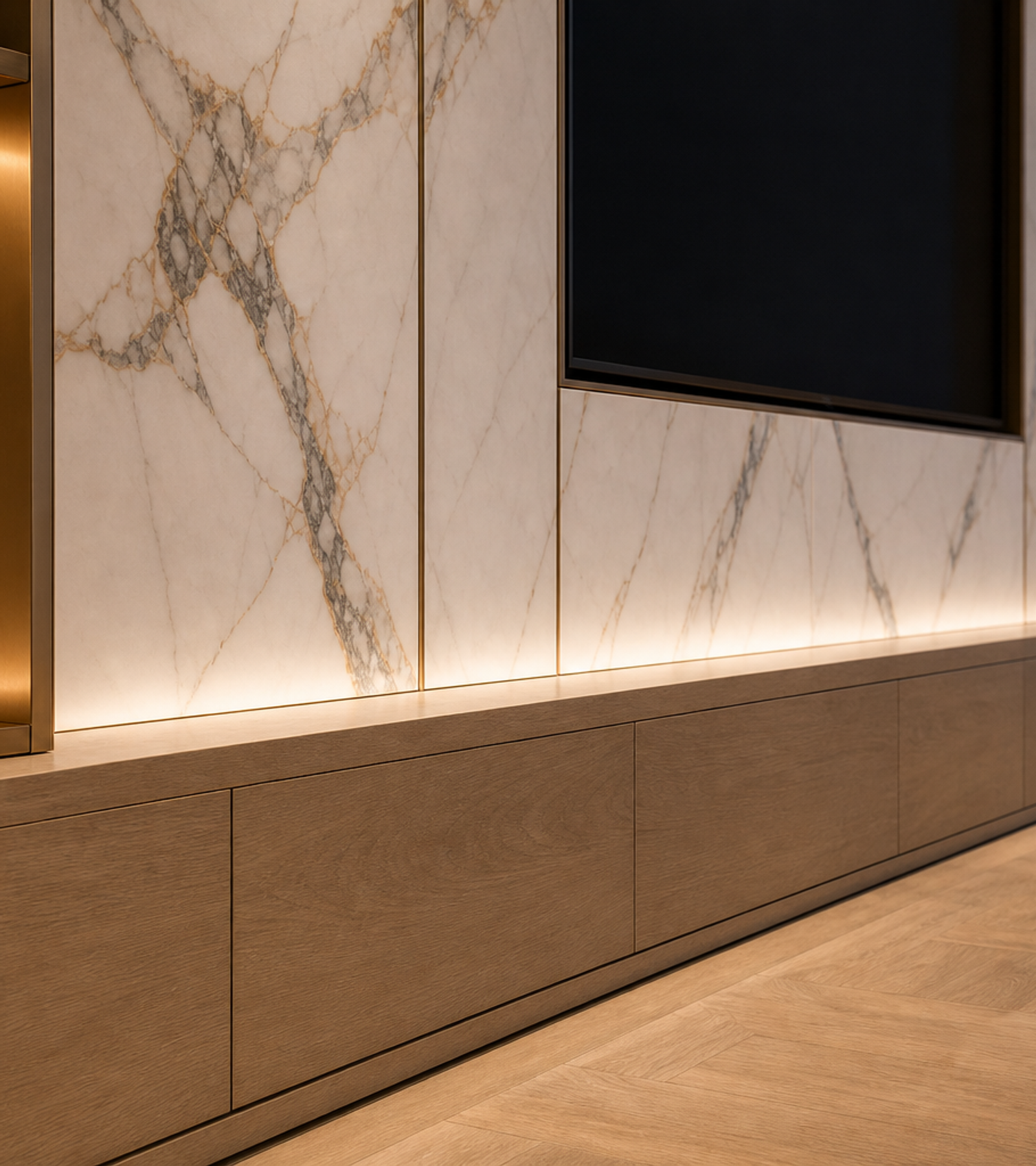 Fadior Zenith Living Room Suite with Oak Datum Listening Niche — close-up of stainless steel finish and hardware detail