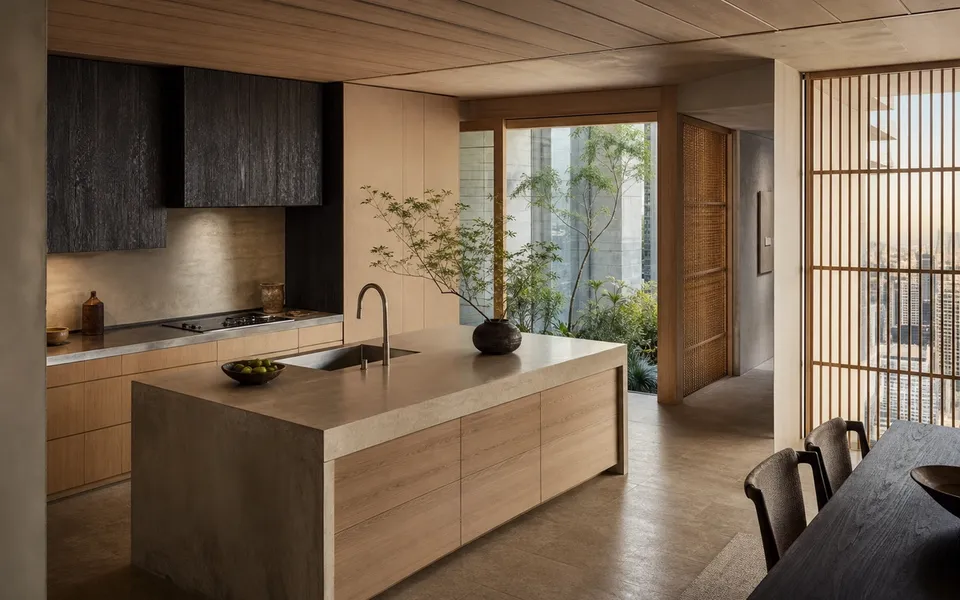 Fadior Tokyo 180 sqm Kitchen Penthouse — wood lattice, kitchen island, cypress cabinets, city window, travertine floor — 304 stainless steel cabinetry installation by Fadior