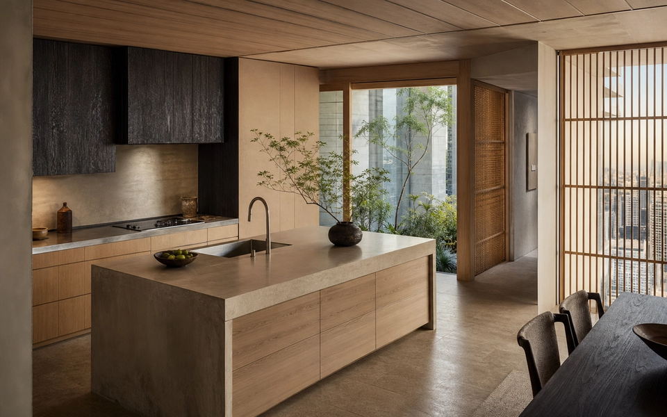 Fadior Tokyo 180 sqm Kitchen Penthouse — wood lattice, kitchen island, cypress cabinets, city window, travertine floor — 304 stainless steel cabinetry installation by Fadior