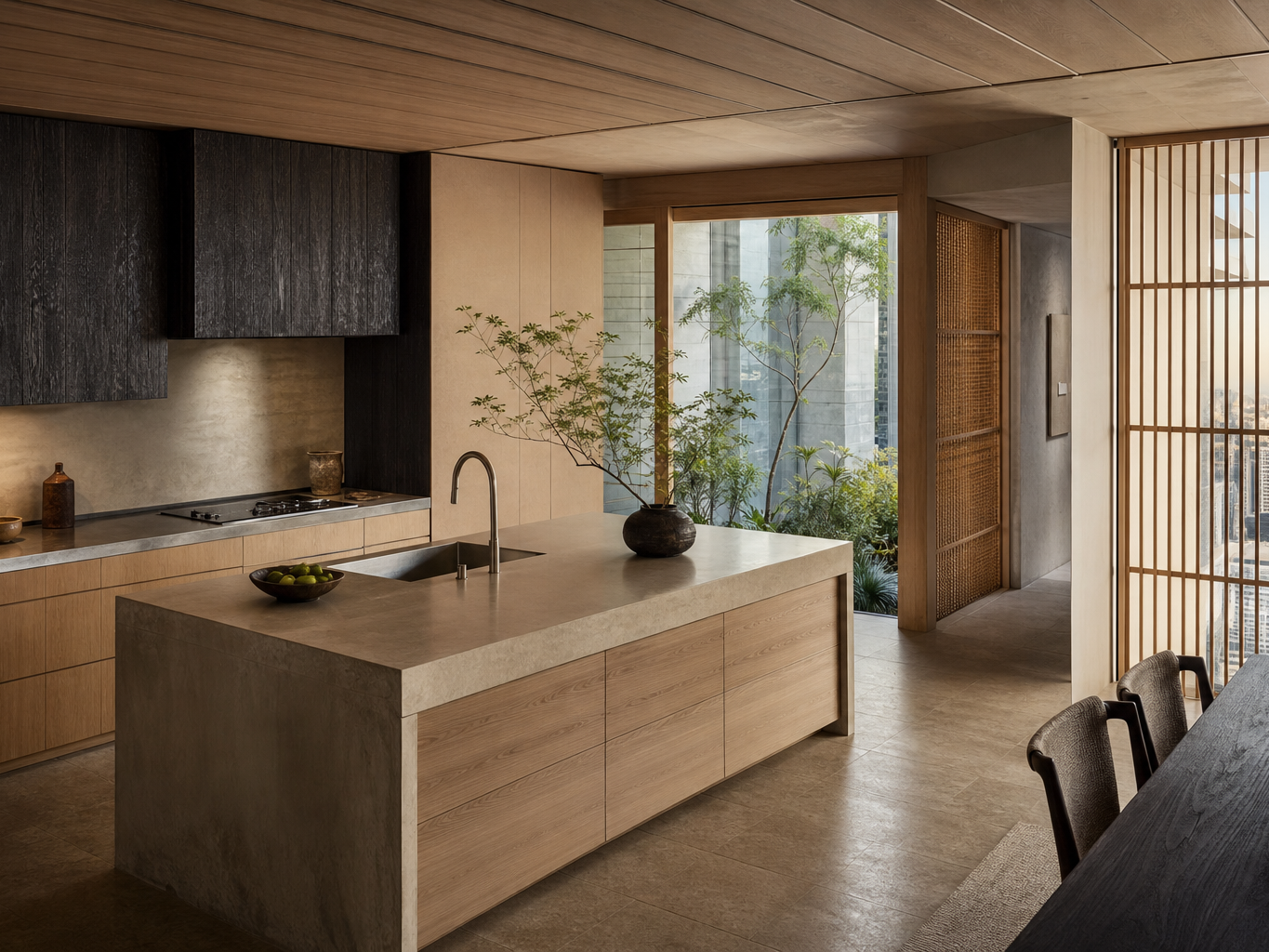 Fadior Tokyo 180 sqm Kitchen Penthouse — wood lattice, kitchen island, cypress cabinets, city window, travertine floor