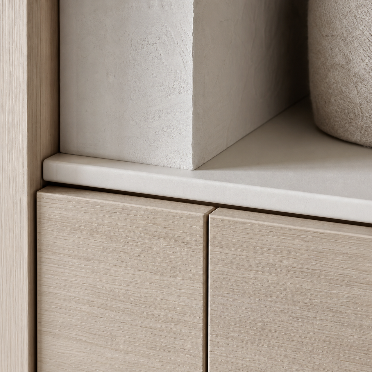 Fadior Patina Living Room Suite with Courtyard Media Credenza — close-up of stainless steel finish and hardware detail