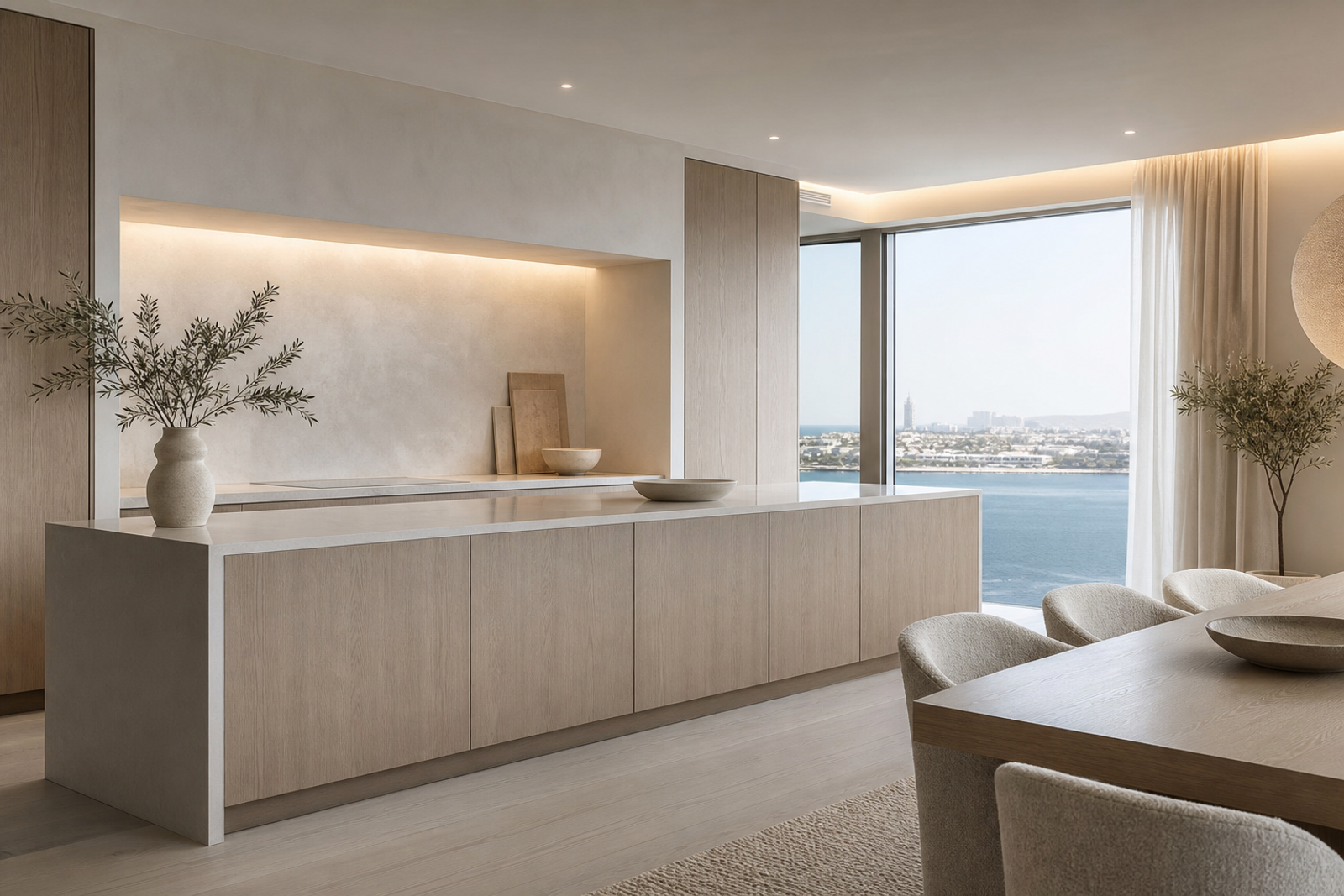 Coastal villa kitchen atmosphere with soft daylight and warm dining glow for finish approval.