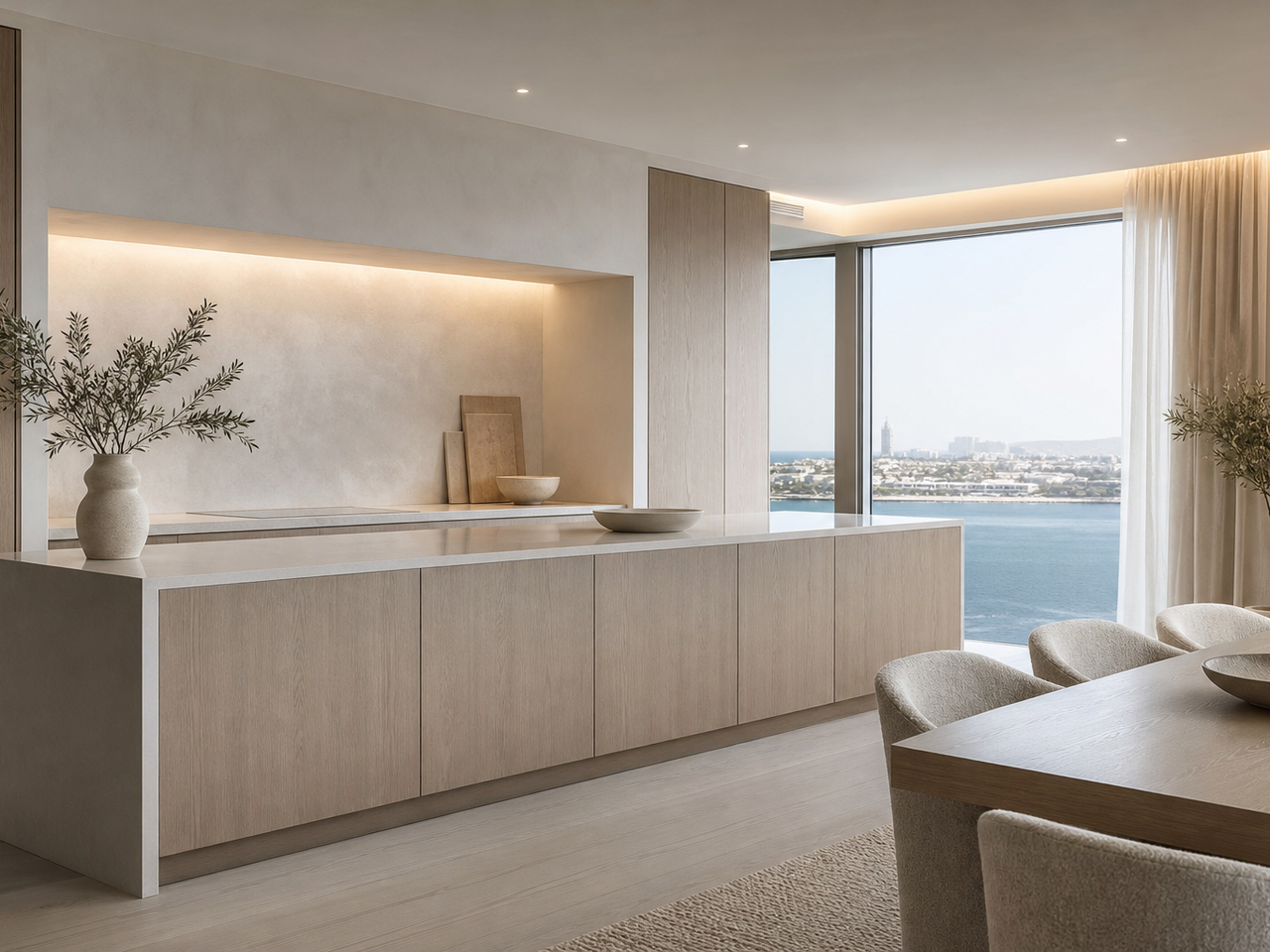 Coastal villa kitchen atmosphere with soft daylight and warm dining glow for finish approval. — 304 stainless steel cabinetry editorial by Fadior