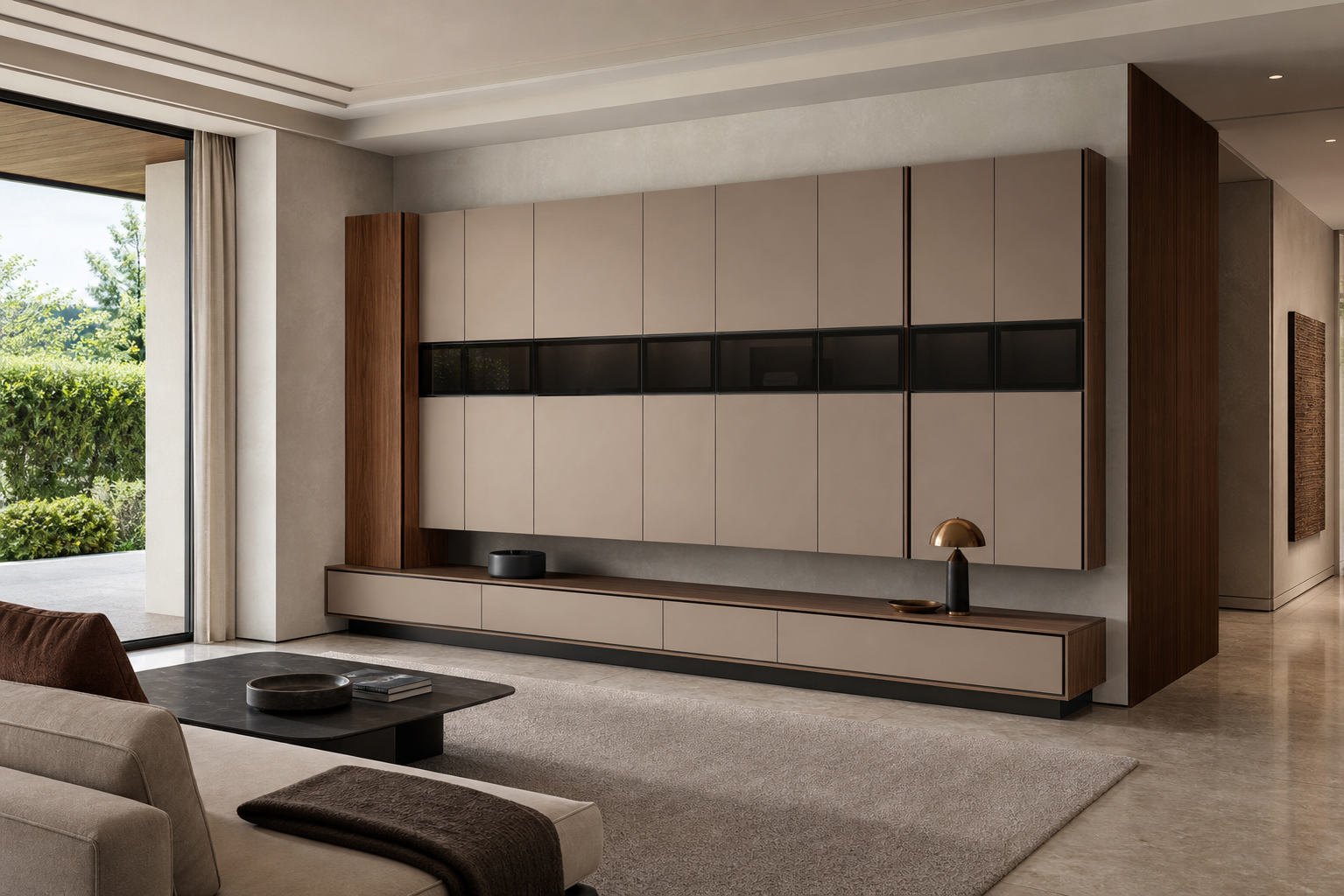 Fadior Zenith Living Room Suite with Floating Media Wall — interior room context showing cabinet integration