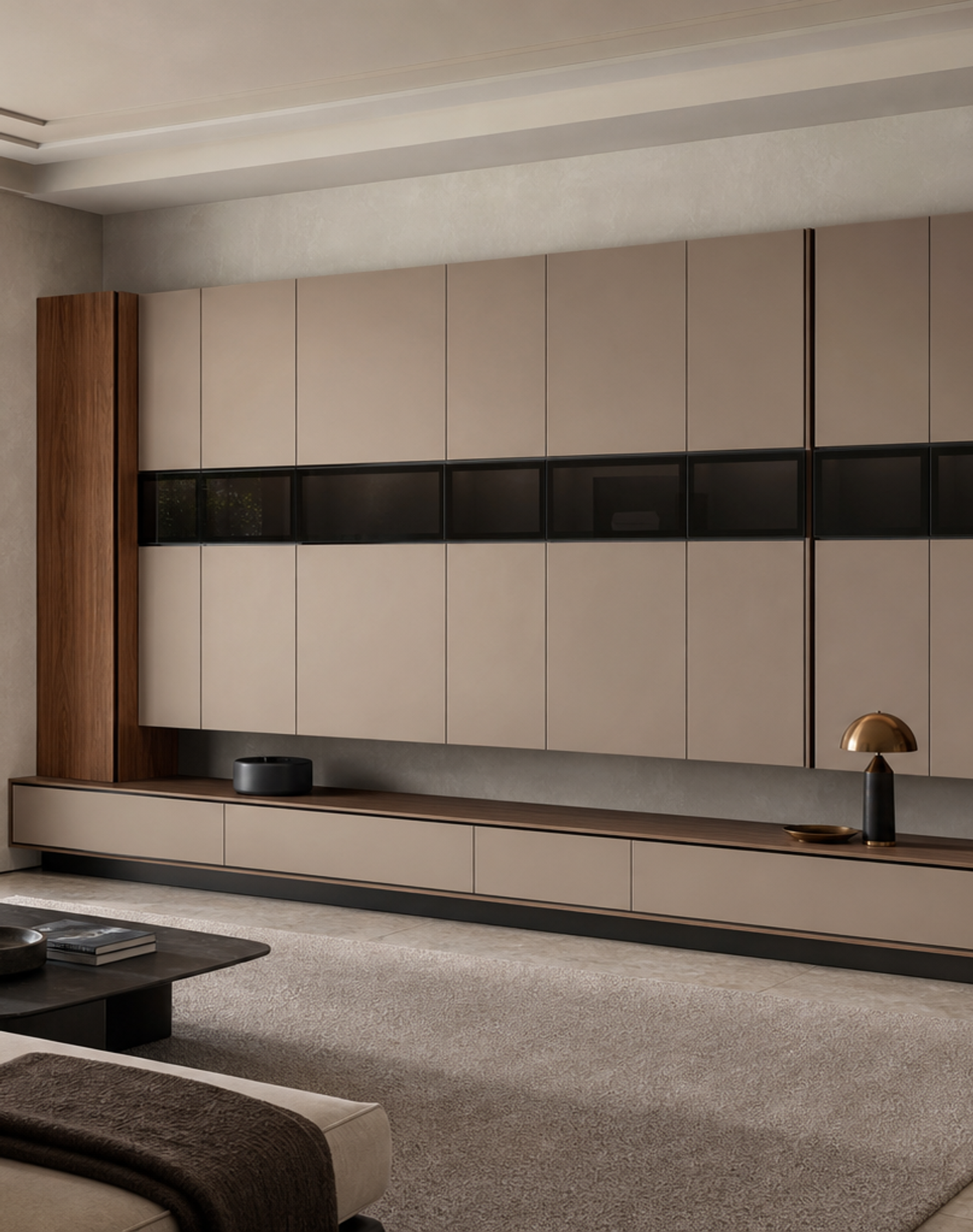 Fadior Zenith Living Room Suite with Floating Media Wall — interior room context showing cabinet integration