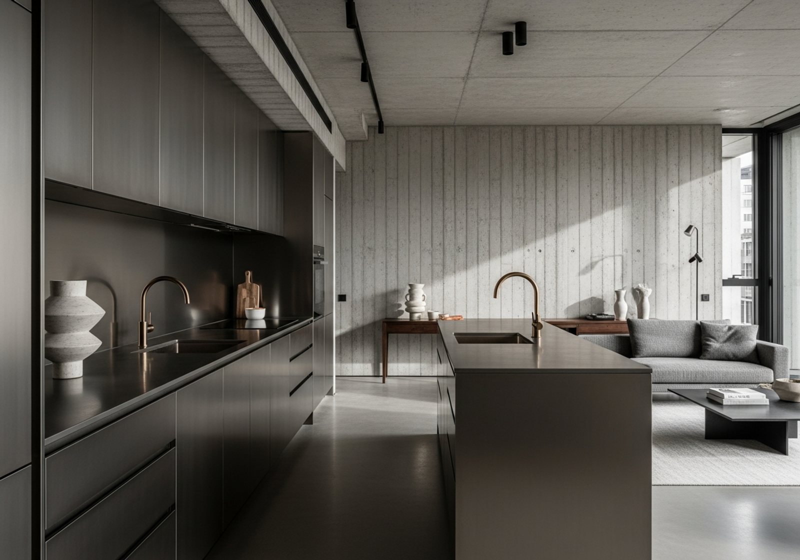 Fadior South Yarra Industrial Apartment — open-plan living and kitchen integration