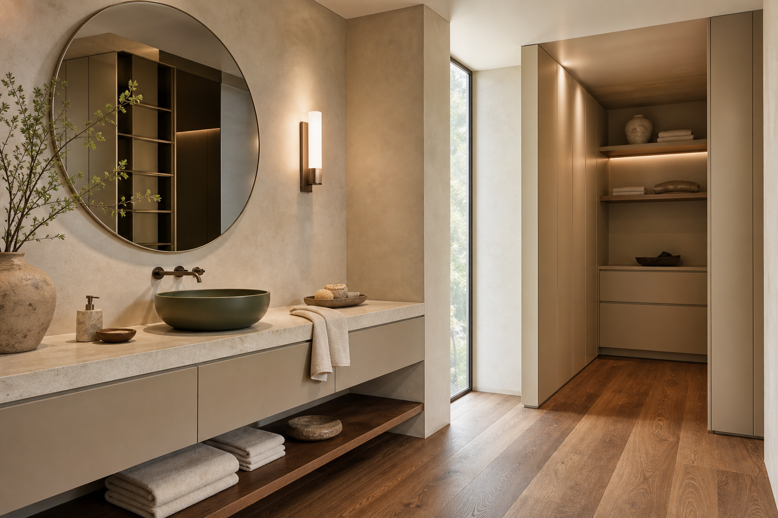 Fadior The Designer’s Canvas: How Fantini and SieMatic Are Redefining the Luxury Kitchen and Bath as a Unified Sensory Experience — vanity counter, round mirror, wardrobe wall, basin bowl, linen towels, window light