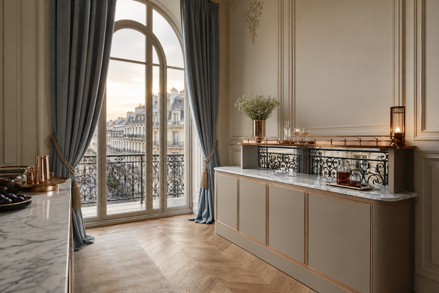 Fadior Dusk Balcony Suite with Lantern Rail Service Bar — interior room context showing cabinet integration