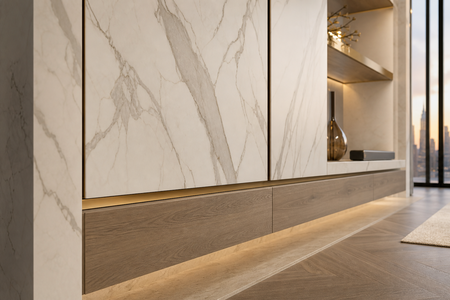 Fadior Veneto Panel-Less Floating Media Bay — close-up of stainless steel finish and hardware detail