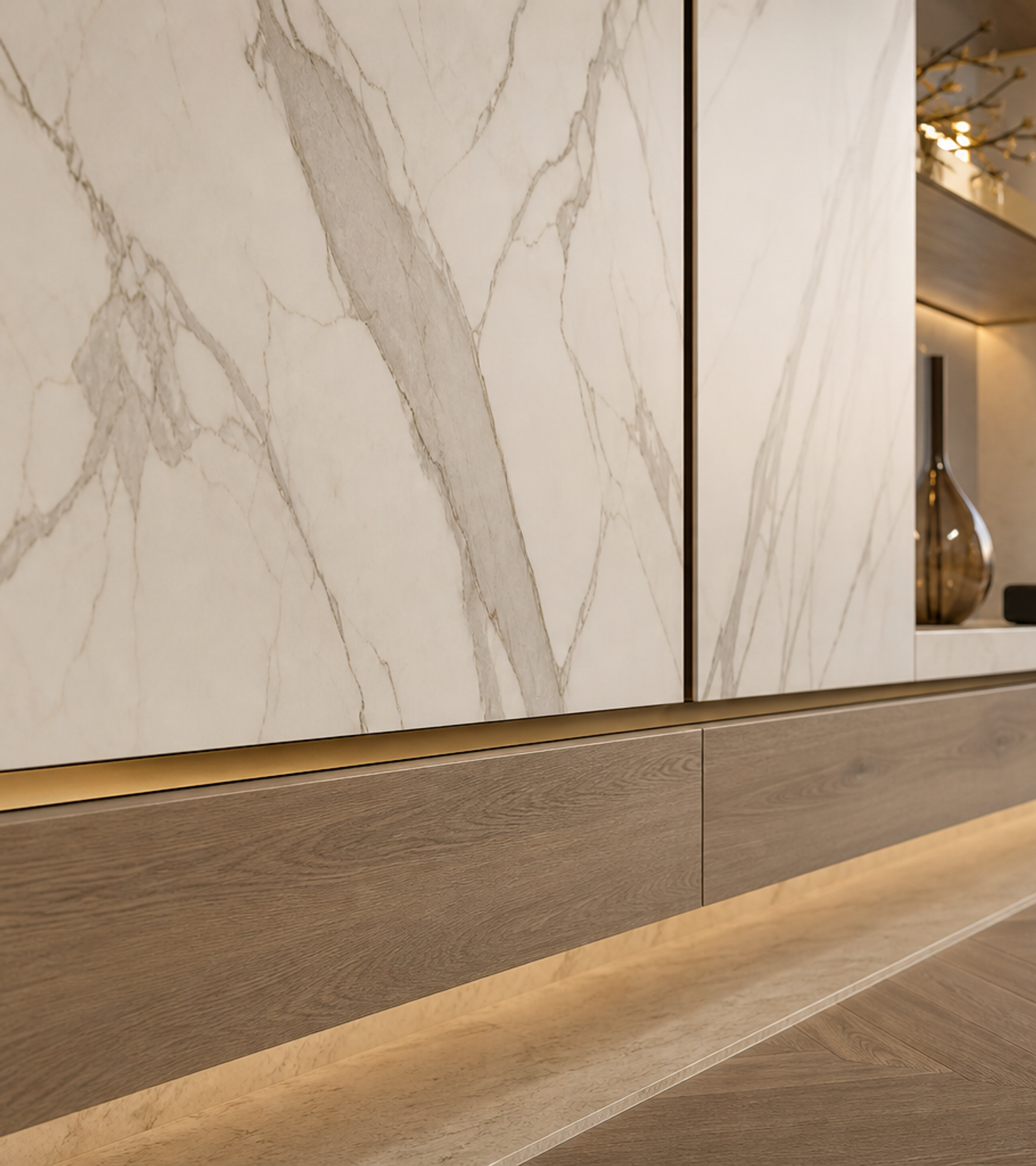 Fadior Veneto Panel-Less Floating Media Bay — close-up of stainless steel finish and hardware detail