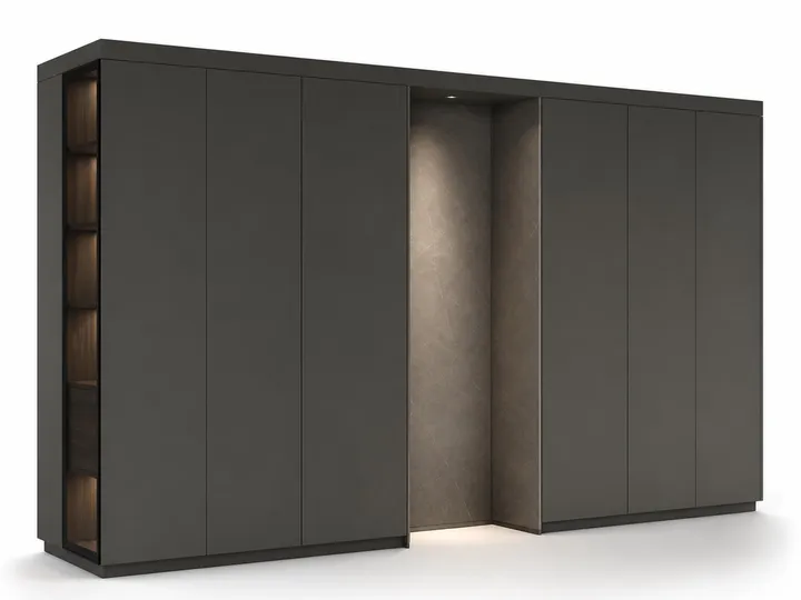 Fadior Eclipse Wardrobe Suite with Slate Pivot Dressing Alcove — 304 stainless steel wardrobe system, front view