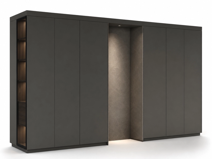 Fadior Eclipse Wardrobe Suite with Slate Pivot Dressing Alcove — 304 stainless steel wardrobe system, front view
