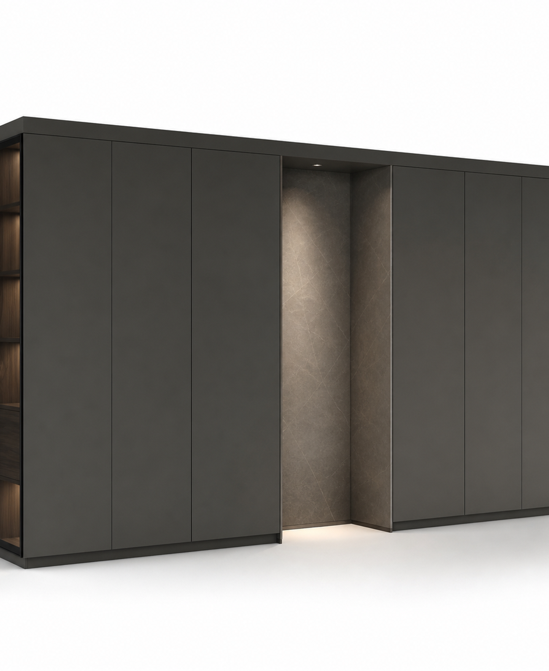 Fadior Eclipse Wardrobe Suite with Slate Pivot Dressing Alcove — 304 stainless steel wardrobe system, front view