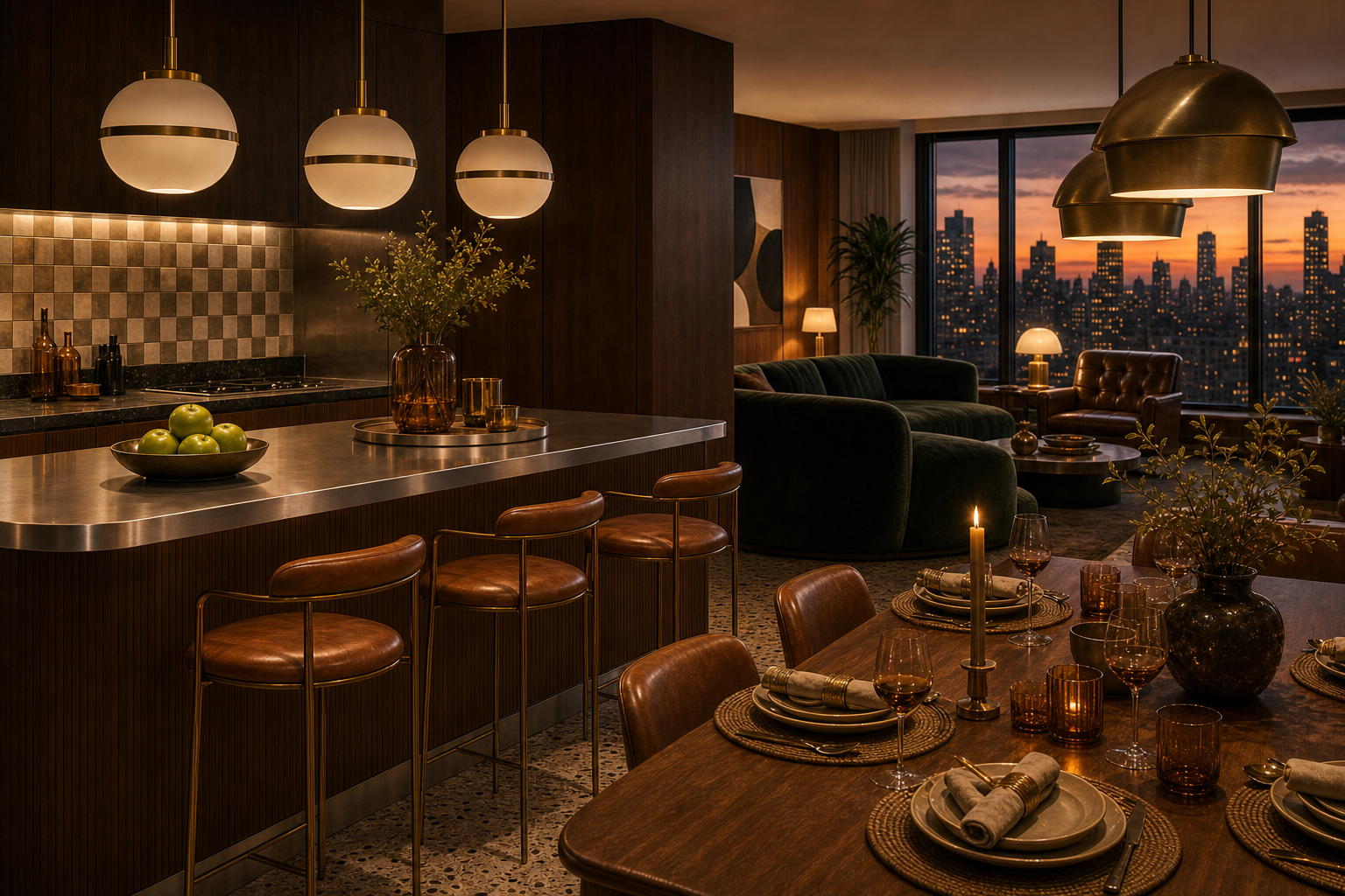 Warm mid-century kitchen and dining atmosphere for light-reactive finish schedule planning.