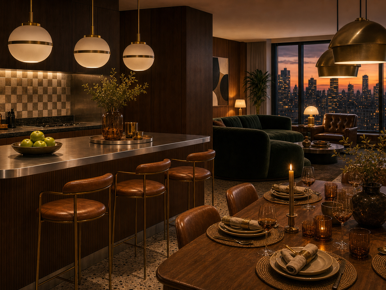 Warm mid-century kitchen and dining atmosphere for light-reactive finish schedule planning. — 304 stainless steel cabinetry editorial by Fadior