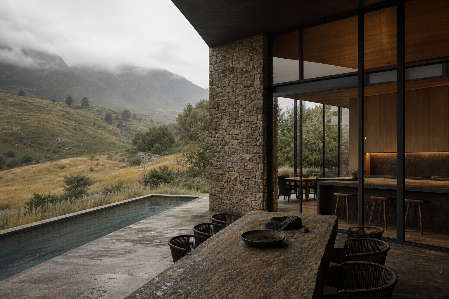 Material mood scene with rough stone, cedar warmth, oak door tone, and soft overcast light.
