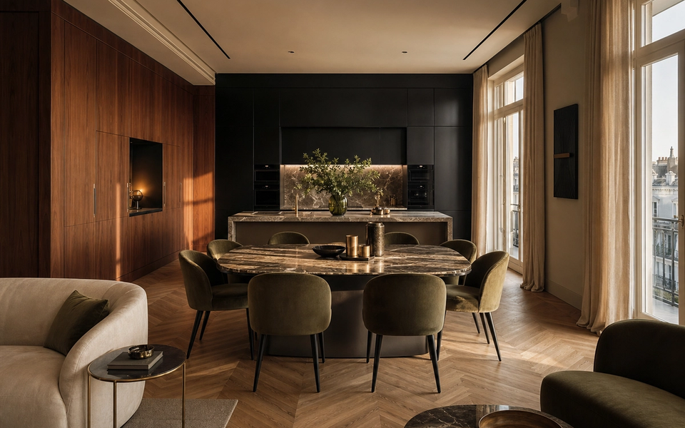 Fadior Milan 75 sqm Kitchen Penthouse - island, dining table, walnut cabinets, city windows — 304 stainless steel cabinetry installation by Fadior