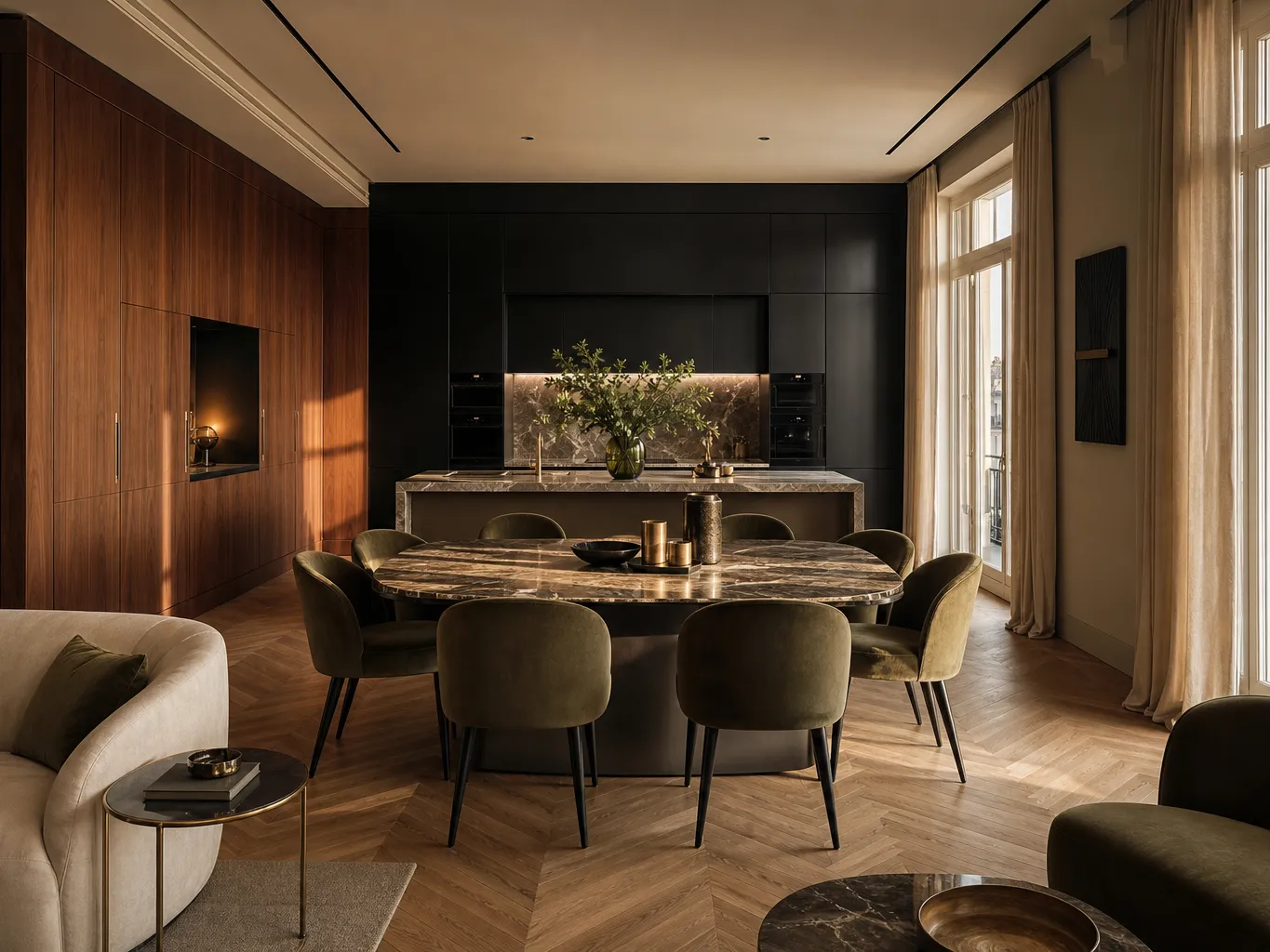 Fadior Milan 75 sqm Kitchen Penthouse - island, dining table, walnut cabinets, city windows
