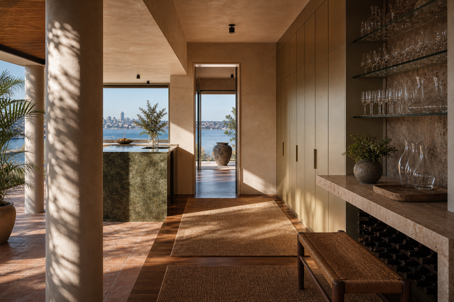 Fadior Sydney Skyline Penthouse — Sydney wardrobe and wine service with cabinet wall, clear glass shelves,