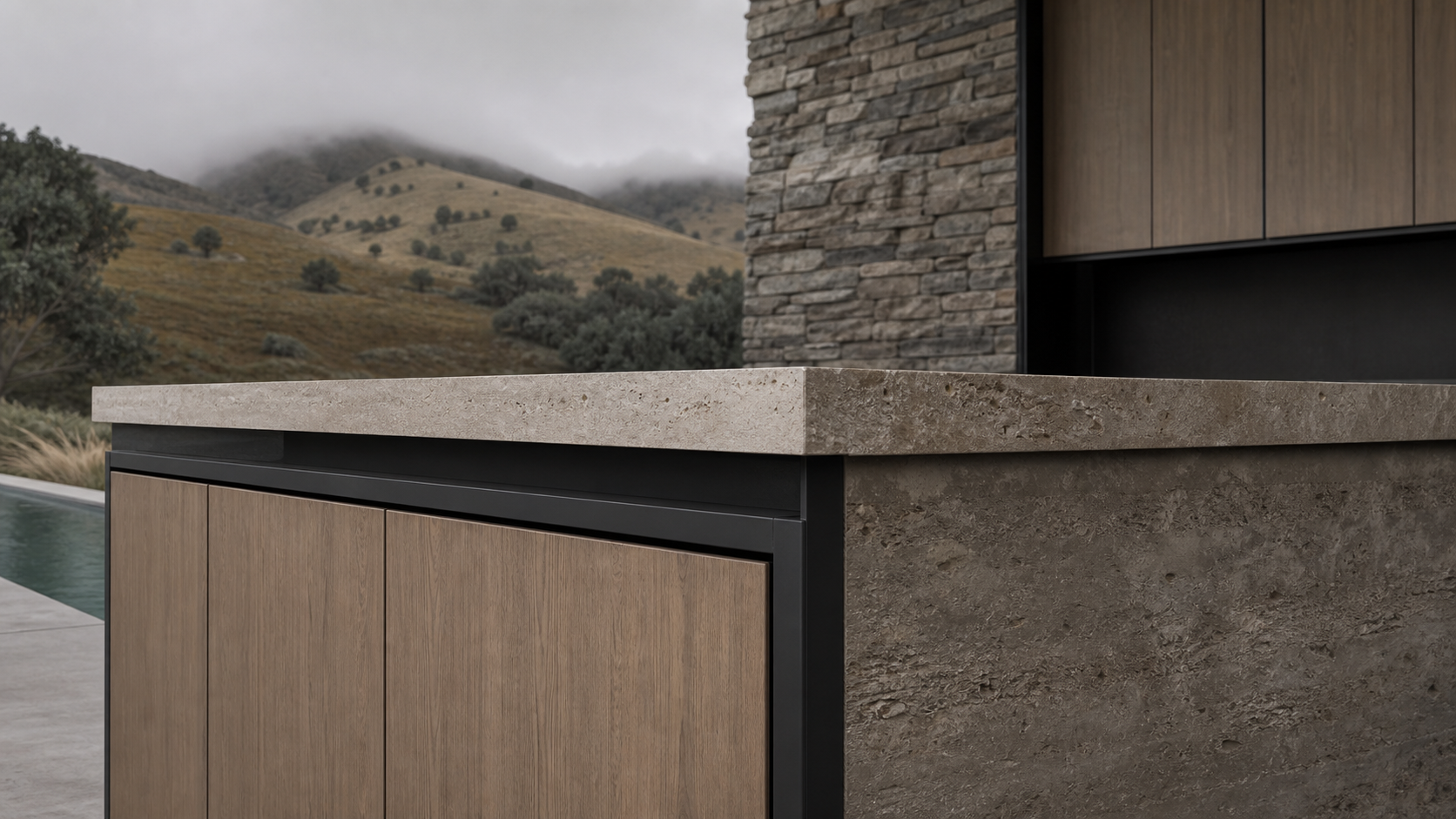 Fadior Riviera Kitchen Suite with Sunlit Travertine Pantry Bar — close-up of stainless steel finish and hardware detail