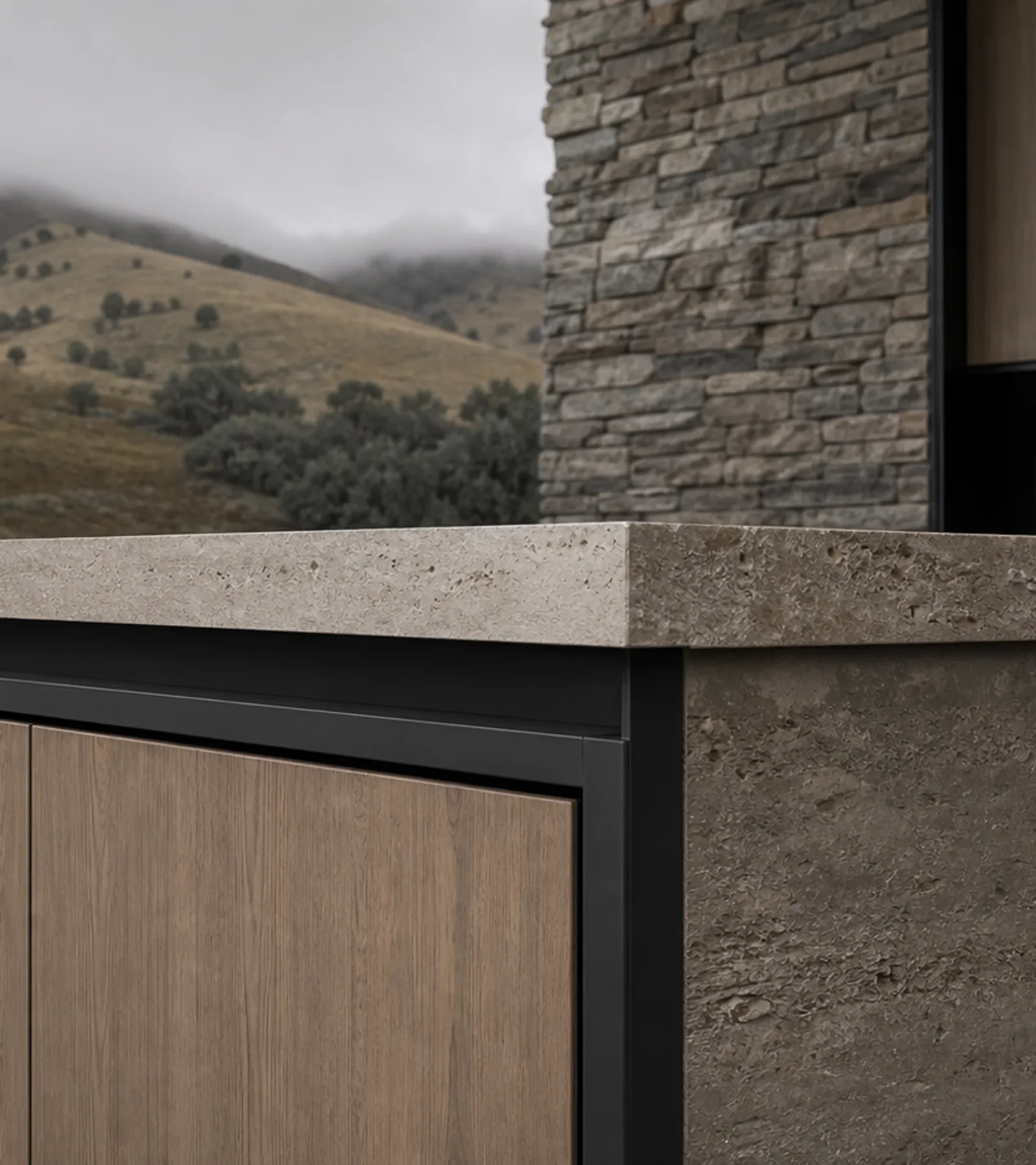 Fadior Riviera Kitchen Suite with Sunlit Travertine Pantry Bar — close-up of stainless steel finish and hardware detail
