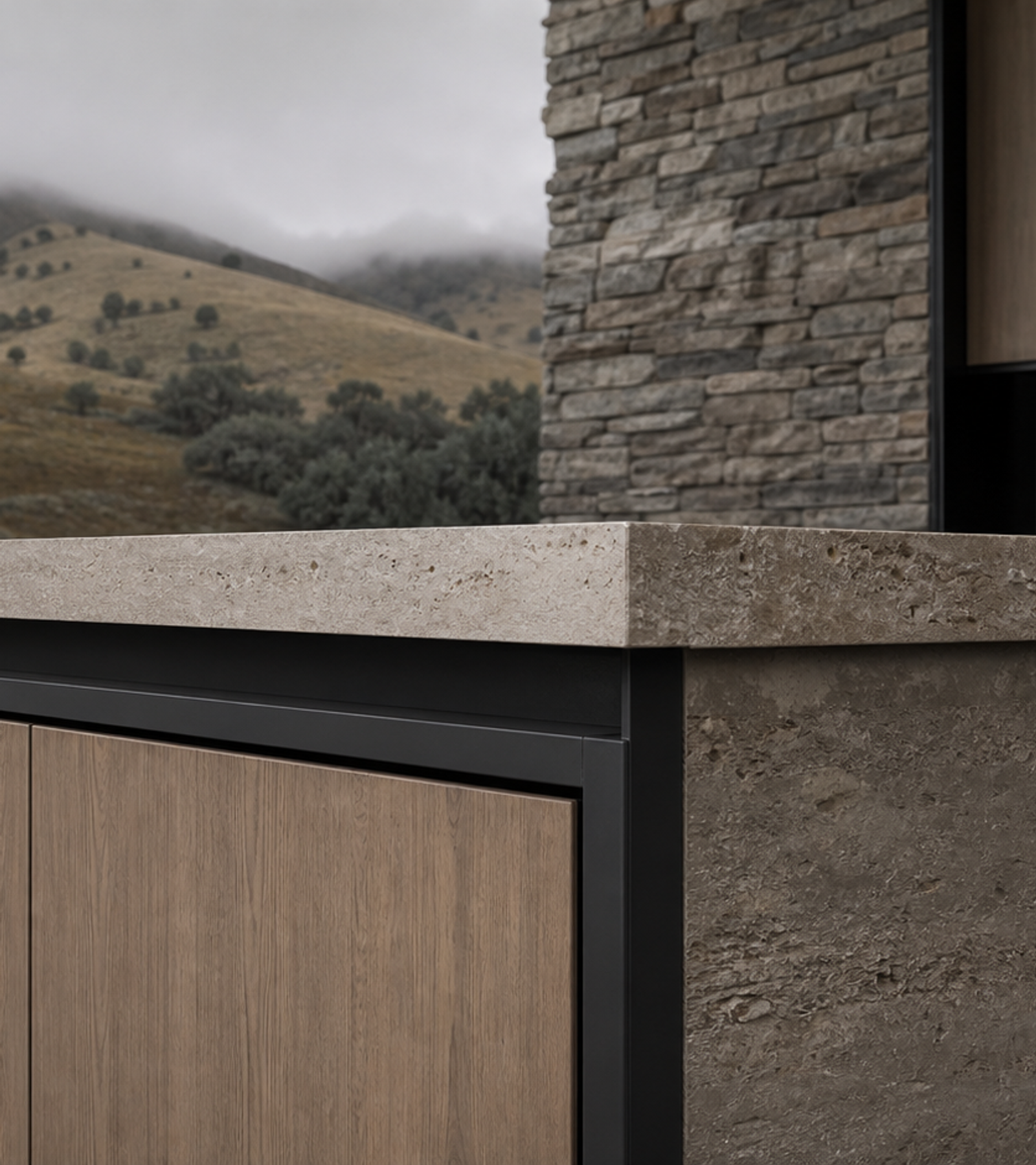 Fadior Riviera Kitchen Suite with Sunlit Travertine Pantry Bar — close-up of stainless steel finish and hardware detail