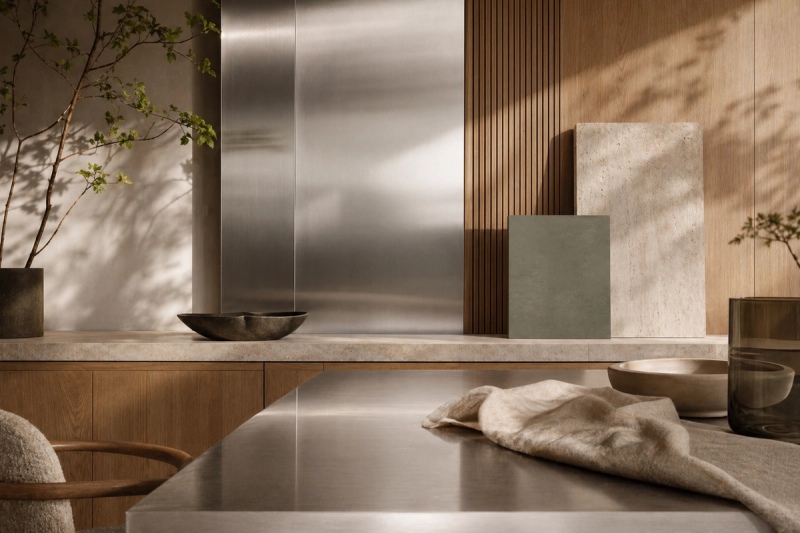 Material mood study: brushed 304 stainless steel, warm oak, pale stone, and soft light for an emotional minimal kitchen.