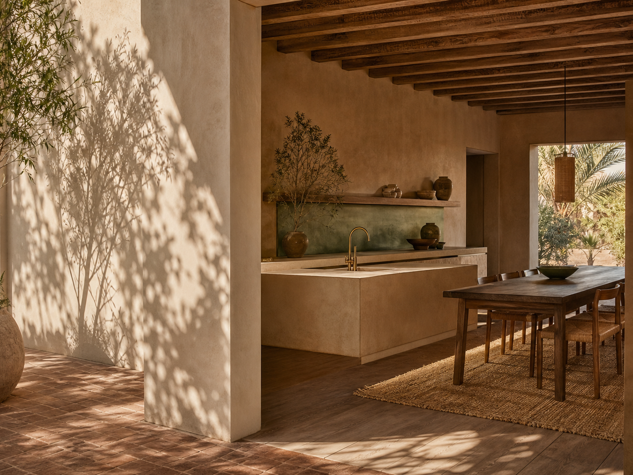 Kitchen atmosphere with pale clay walls, brass tap silhouette, and courtyard light for water-zone context. — 304 stainless steel cabinetry editorial by Fadior