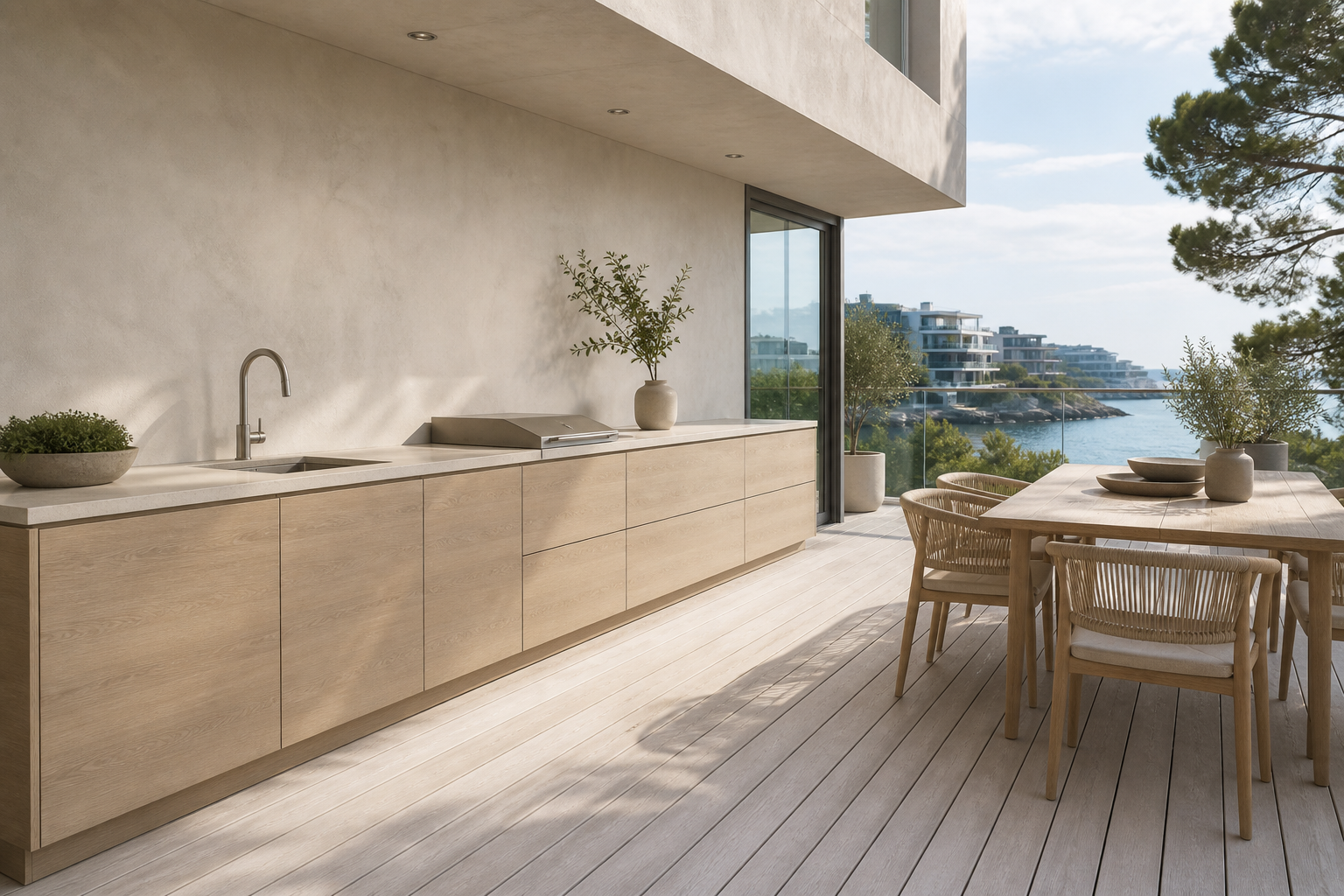 Fadior Vantage Outdoor Kitchen Suite with FSC Blond Counter Gallery — interior room context showing cabinet integration