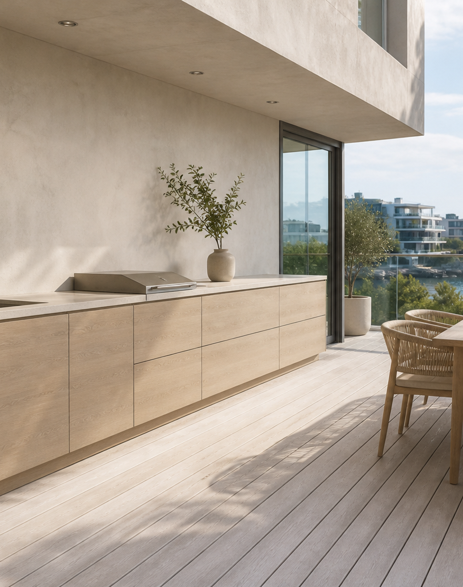 Fadior Vantage Outdoor Kitchen Suite with FSC Blond Counter Gallery — interior room context showing cabinet integration