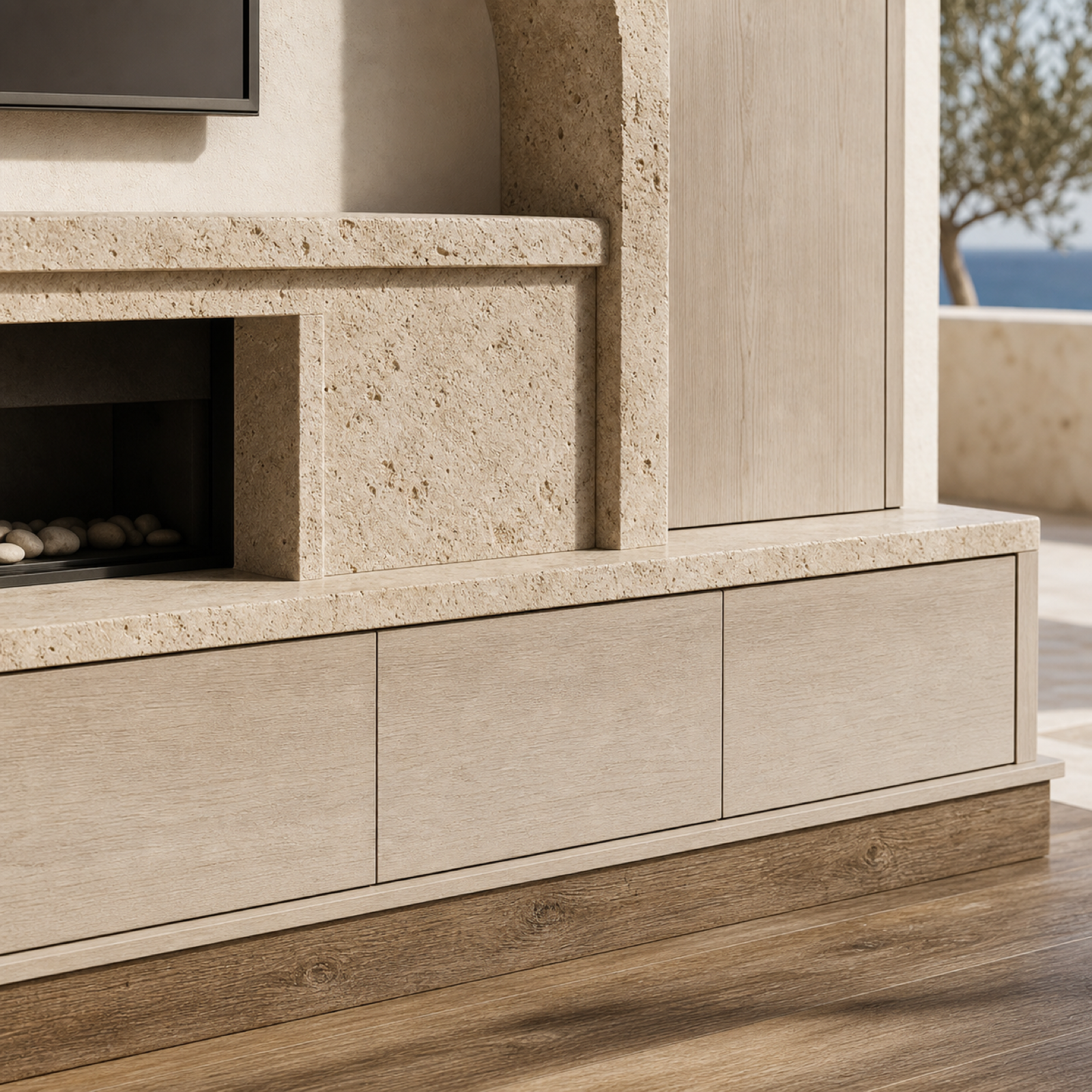 Fadior Zenith Living Room Suite with Arched Limestone Hearth Console — close-up of stainless steel finish and hardware detail