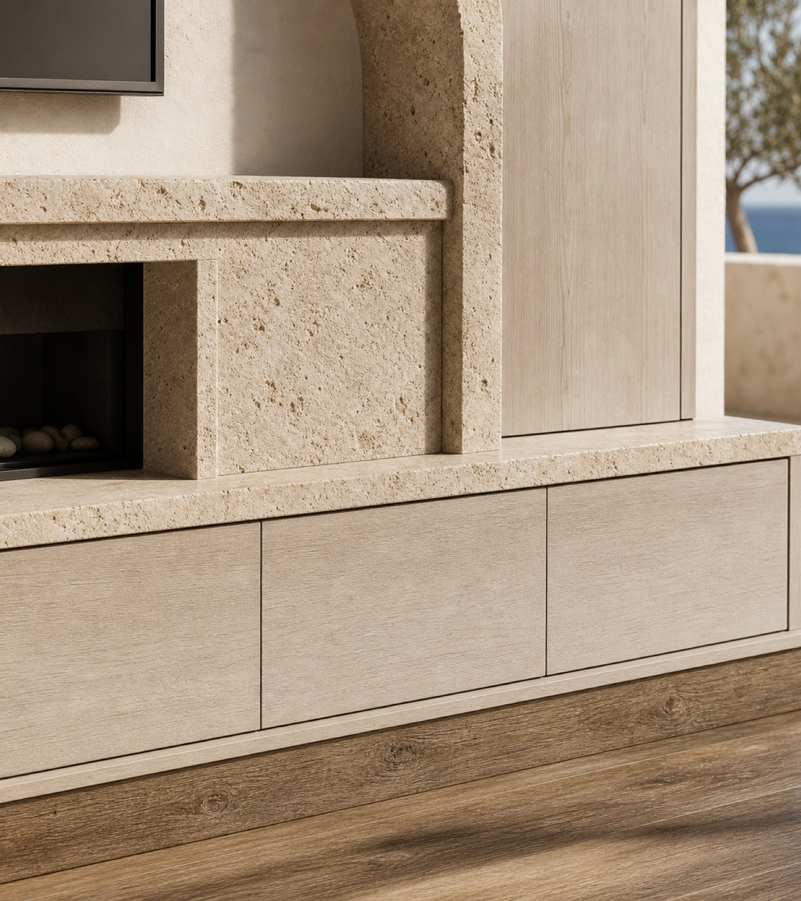 Fadior Zenith Living Room Suite with Arched Limestone Hearth Console — close-up of stainless steel finish and hardware detail
