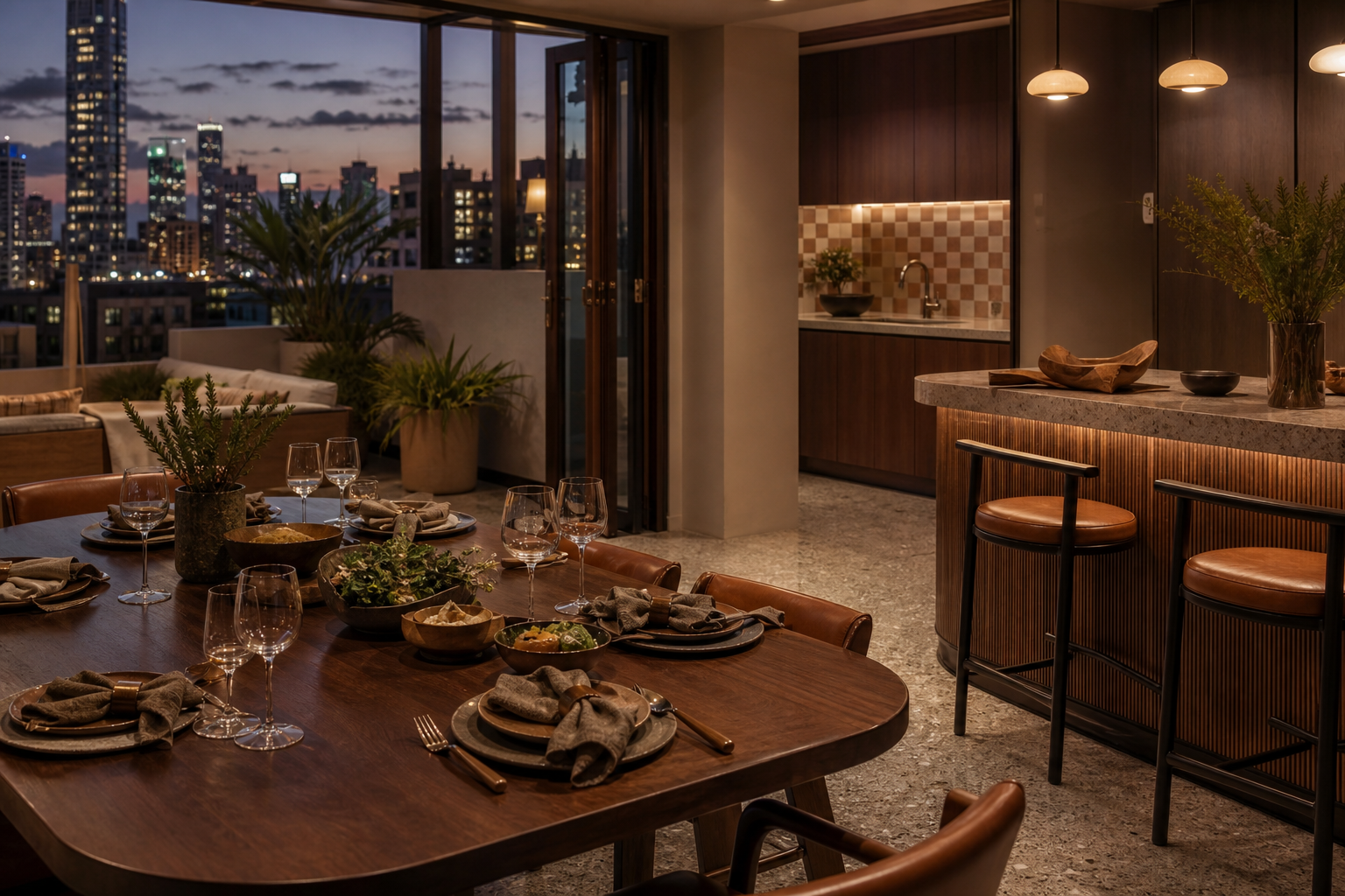 Fadior Gold Coast 80 sqm Kitchen Villa — Gold Coast family dining setup with timber table, glassware, linen napkins, serving bowls, kitchen island, walnut cabinets, terrace plants, and city skyline