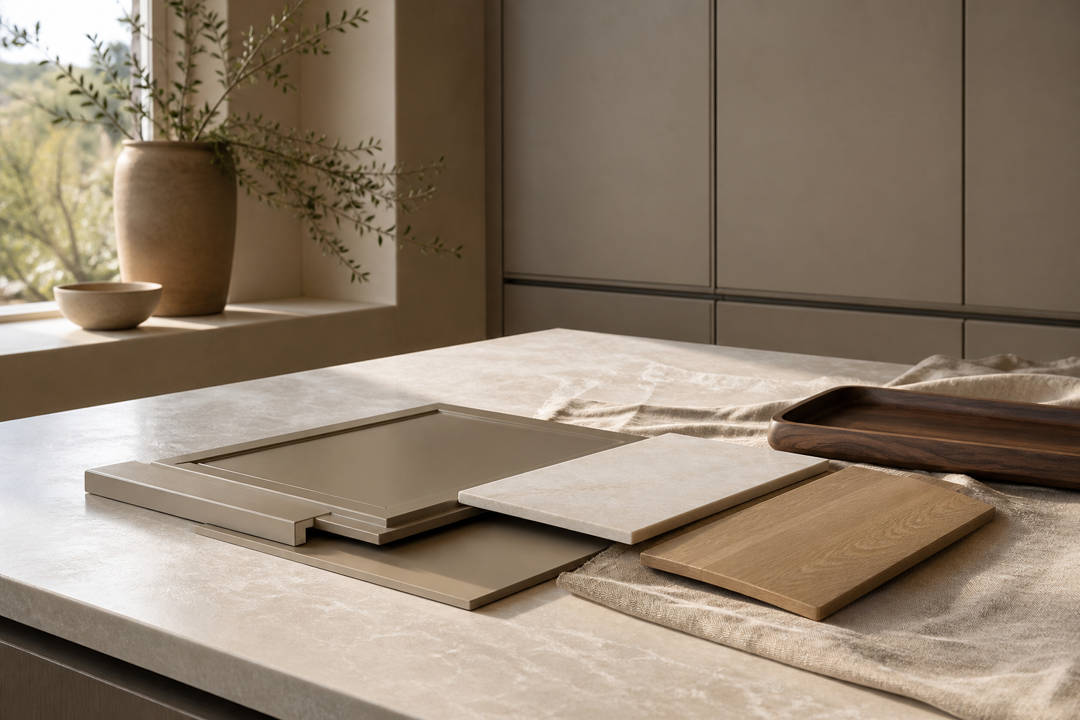 Material mood study of warm grey cabinet fronts, pale stone surfaces, oak, walnut, and linen.