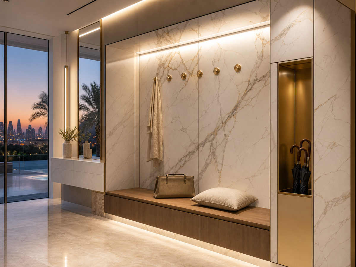 Fadior Ecliptic Entryway Suite with Oak Umbrella Bay — 304 stainless steel entryway system, front view