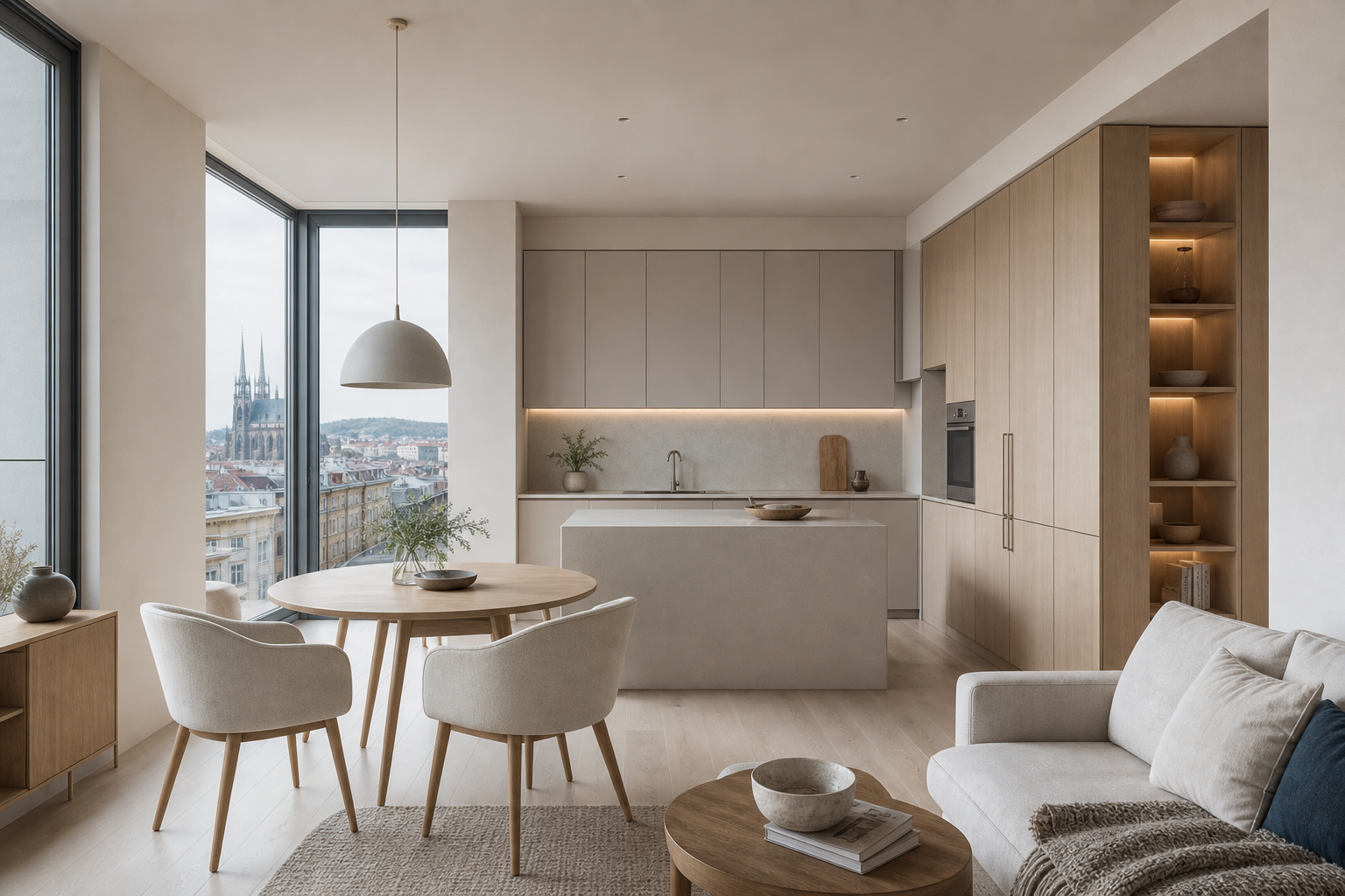 Fadior Brno 110 sqm Kitchen Penthouse - dining table, island, cabinet wall, sofa, city window
