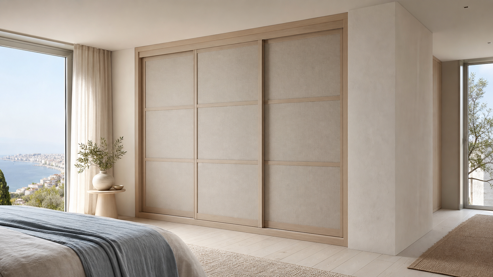 Fadior Elementum Wardrobe Suite with Talc Sliding Wardrobe Portal — lifestyle setting with natural light and residential