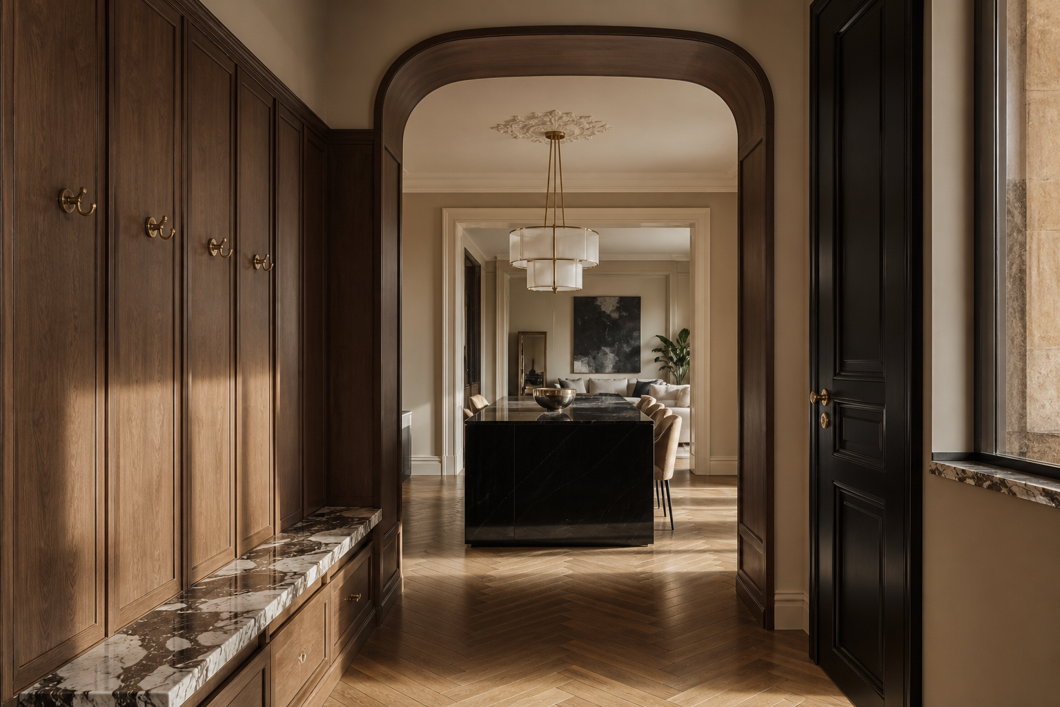 Fadior Ecliptic Entryway Suite with Sculpted Threshold Arc — interior room context showing cabinet integration