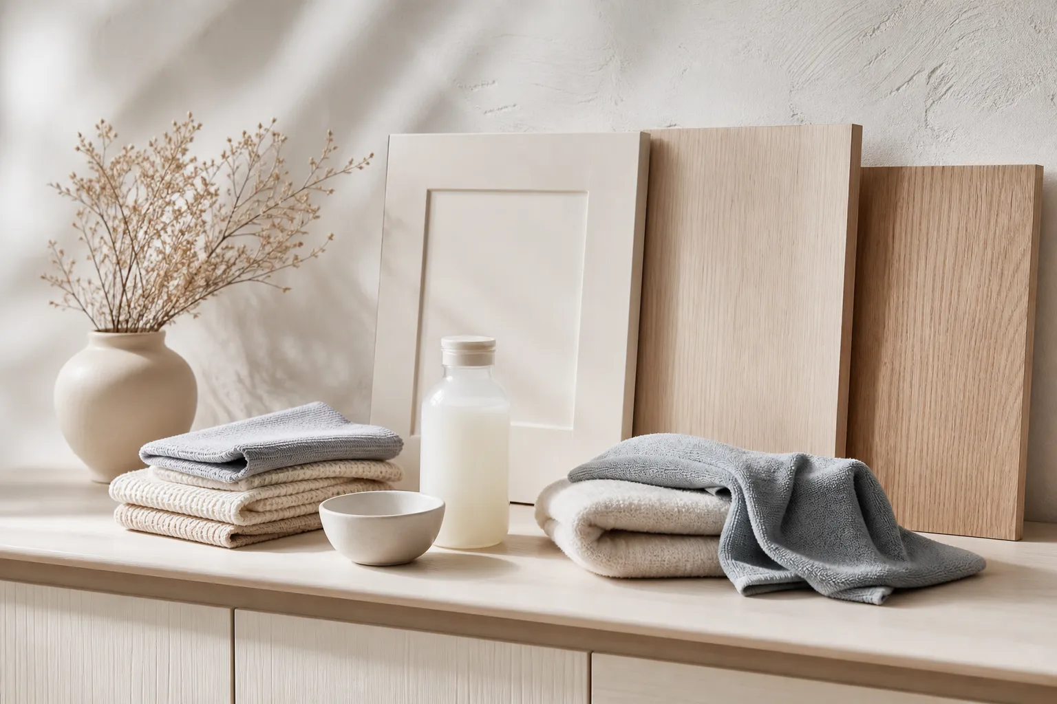 Cabinet cleaning mood study with pale surfaces, cloths, bowl, and calm daylight.