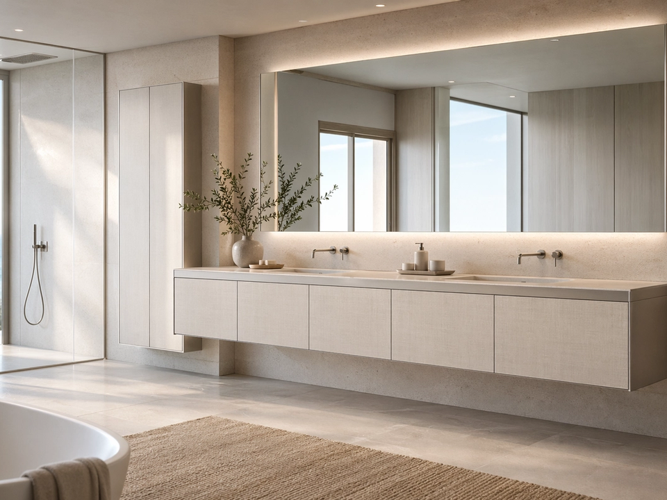 Fadior Acqua Bath And Vanity Suite with Coastal Linen Finish — 304 stainless steel bath and vanity system, front view