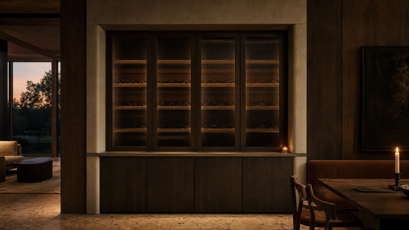 Fadior Estuary Wine Cabinet Suite with Ribbed Glass Service Bay — lifestyle setting with natural light and residential